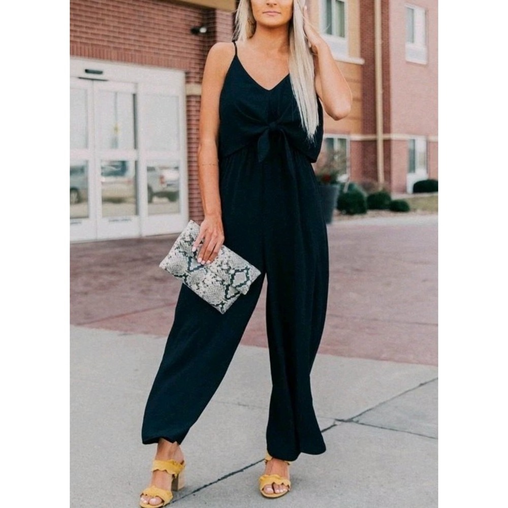 Mustard Seed Black‎ Tie Front Wide Leg Jumpsuit Sz S Chic Sleek Party Cocktail
